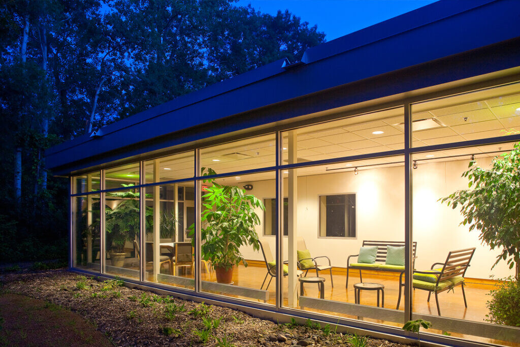 the alcove from outside at night
