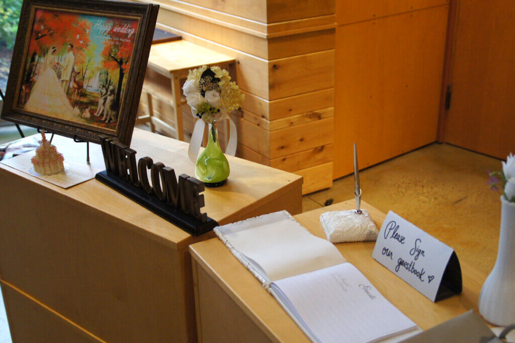the welcome table at a wedding